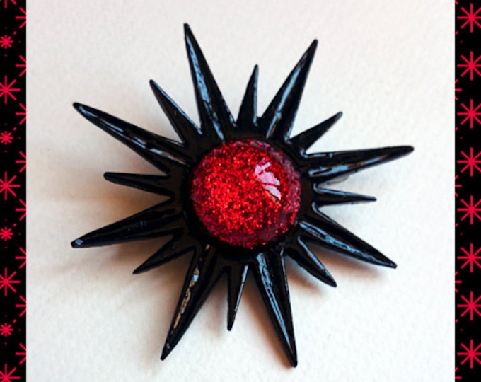 Mid-Century Modern Sunburst Black & Red - Brooch - Star Brooch - Sun Brooch - 1950 - Sunburst Mirror - Starburst Brooch - Glitter Paradise®