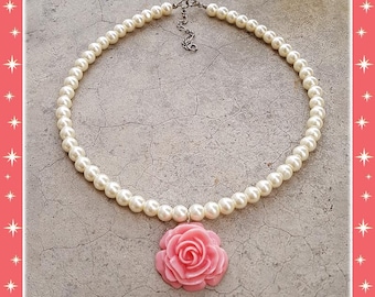 Vintage Rose and Pearls - Necklace - Rose Necklace - Rose Pendant - Vintage Roses Jewelry - Romantic Flowers 50s Floral - Glitter Paradise®