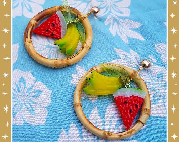 Bamboo Hoops Carmen - Earrings - Bamboo Hoops Earrings - Carmen Miranda Earrings - Vintage Exotica - Fruits Earrings - Glitter Paradise®