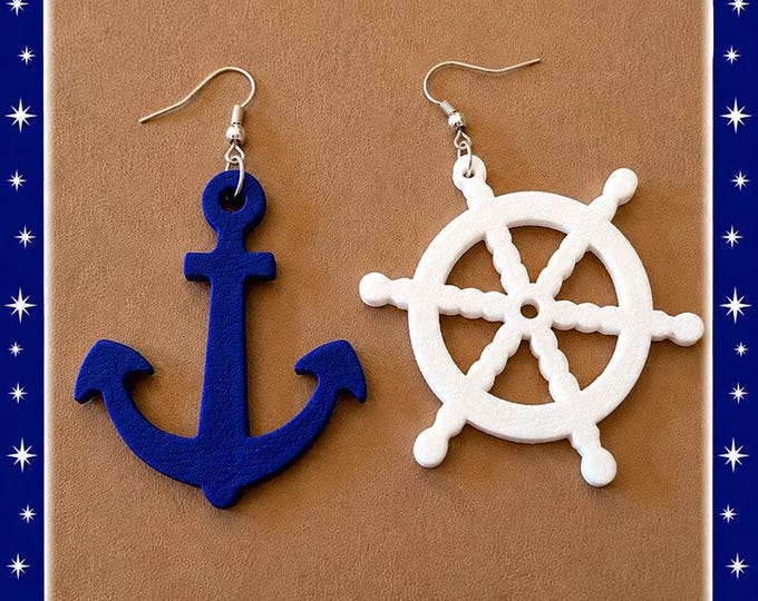 Giant Anchor & Wheel Earrings: Nautical Sailor Jewelry (50mm)