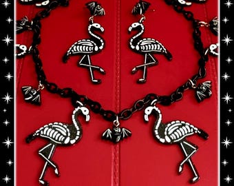 Dead Flamingos and Bats - Set - Skeleton Flamingo - Dark Gothic Jewelry - Psychobilly Jewel - Halloween - Ghoul Jewelry - Glitter Paradise®