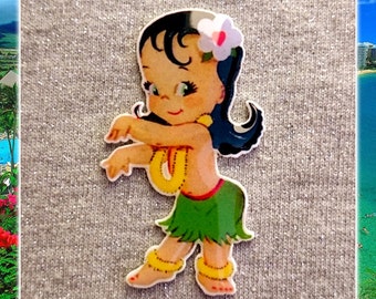Hula Cutie - Brooch - Vintage Valentines - 1940s Valentines - Hula Girl - Wahine - Aloha - Hawaii - 1950's Valentine - Glitter Paradise®