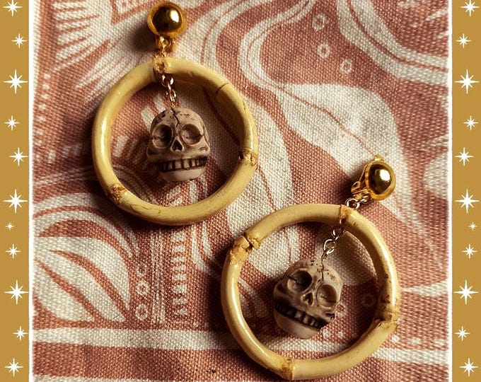 Bamboo Hoops and Skull - Earrings - Bamboo Earrings - Bamboo Hoops - Bamboo and Skull Earrings - Exotica Skull Jewelry - Glitter Paradise®