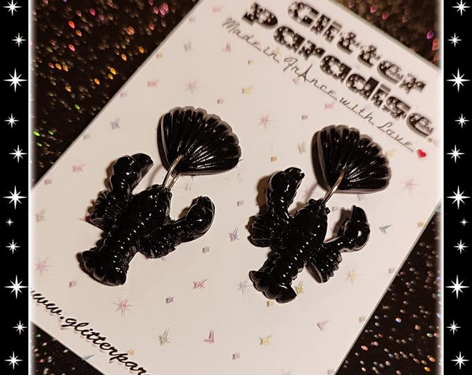 Lobster and Shell - Earrings - Lobster Earrings - Black Lobster Jewelry - Retro Mermaid Beach Jewelry - Sea Life Jewelry - Glitter Paradise®