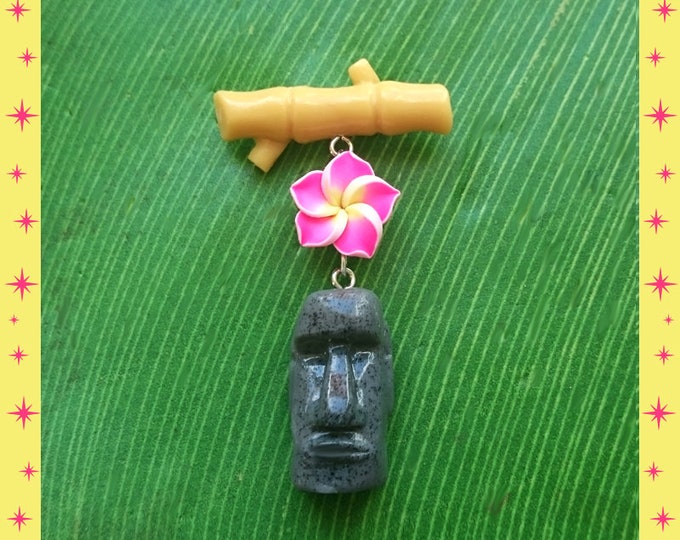 Moai, Bamboo & Plumeria - Brooch - Moai Jewelry - Easter Island Statue - Plumeria - Moai Brooch - Easter Island Jewelry - Glitter Paradise®