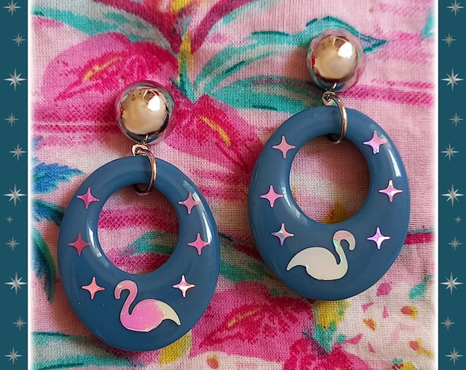 Palm Spring Mingos - Earrings - Mid-Century Modern - Flamingo Earrings - Retro Hoops Earrings - Vintage Inspired - Stars - Glitter Paradise®