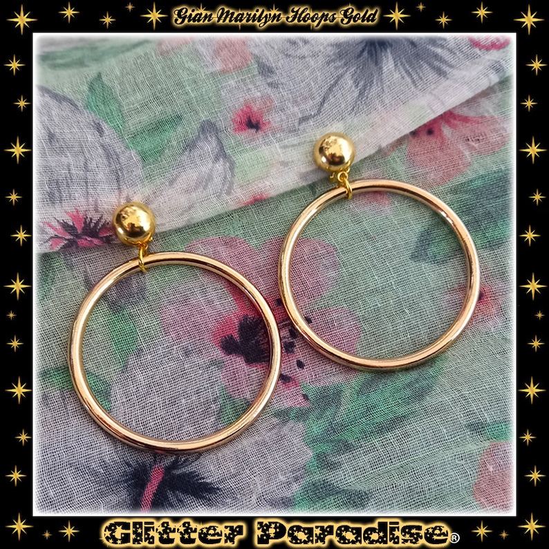 Giant Marilyn Hoops Gold Boucles d'Oreilles Grandes Créoles avec Dômes Créoles Rétro 1950 Bijoux Rétro Pinup 50s Glitter Paradise® afbeelding 1