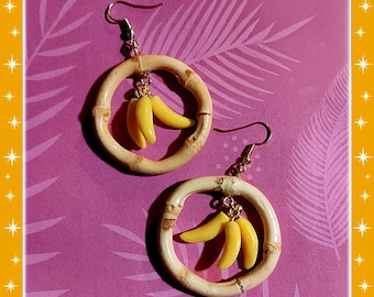 Bamboo Hoops and Bananas - Earrings - Bananas and Bamboo Earrings - Vintage Exotica - Fruits Earrings - Bananas Jewelry - Glitter Paradise®