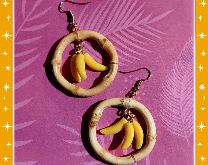 Bamboo Hoops and Bananas - Earrings - Bananas and Bamboo Earrings - Vintage Exotica - Fruits Earrings - Bananas Jewelry - Glitter Paradise®