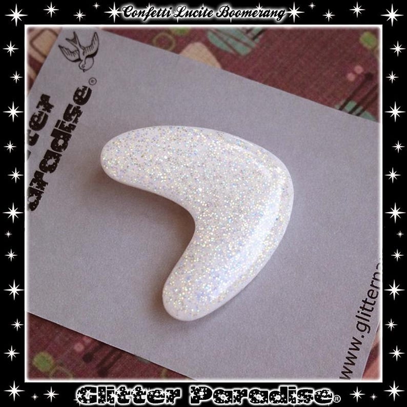 Atomic Boomerang Brooch: Mid-Century Modern Glitter Lucite Pin White