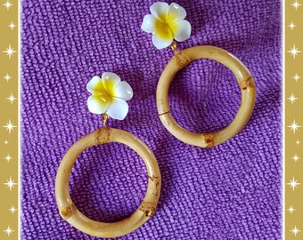 Bamboo & Plumeria Hoops - Earrings - Bamboo Hoops Earrings - Vintage Exotica Style - Hula Pinup Girl - Bamboo Jewelry - Glitter Paradise®