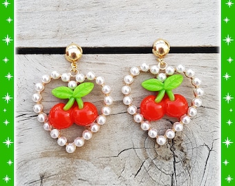 Marilyn & Pearls Cherries - Earrings - Cherry - Sweet Cherries - Pinup - Rockabilly - Cherry Jewelry - Pin-up Jewelry - Glitter Paradise®