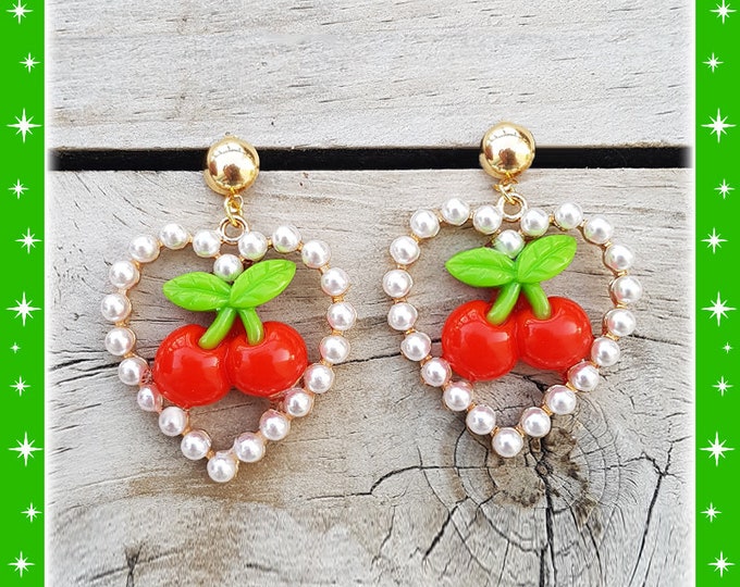 Marilyn & Pearls Cherries - Earrings - Cherry - Sweet Cherries - Pinup - Rockabilly - Cherry Jewelry - Pin-up Jewelry - Glitter Paradise®
