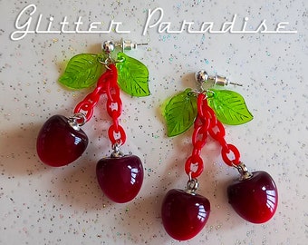 30s Celluloid Style Cherries - Earrings - Cherry Jewelry Set - Cherry Earrings - Cherry Earrings - 30s Vintage Celluloid - Glitter Paradise®