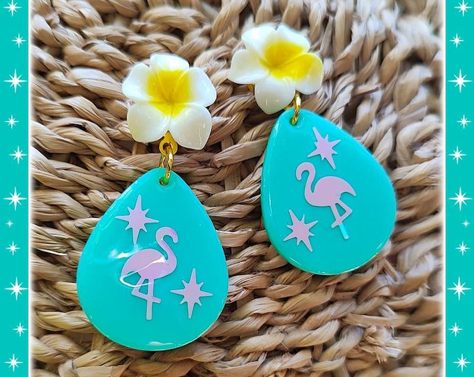 Atomic Flamingo Drop and Plumeria - Earrings - Flamingo Jewelry - Pink Flamingo - Flamingo - Retro Flamingos - Pinup - Glitter Paradise®