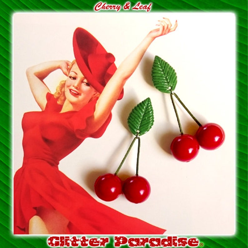 Cherry & Leaf Earrings Cherries Cherry Earrings Retro Pinup Rockabilly Jewelry Cherry Jewelry Red Cherries Glitter Paradise® image 4