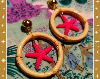 Bamboo Hoops and Starfish - Earrings - Bamboo Hoops Earrings and Star - Bamboo and Starfish Earrings - Mermaid Earrings - Glitter Paradise®