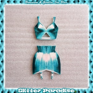 Bettie&#39;s Brassiere & Mieders Set Blau - Brosche - Retro Unterwäsche - Vintage Sleaze - 1950er Jahre - Bettie Page - Retro Unterwäsche - Glitter Paradise®