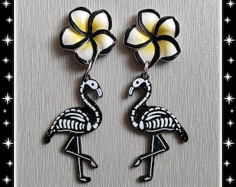 Dead Flamingo and Plumeria - Earrings - Skeleton Flamingo - Dark Gothic Psychobilly Jewelry - Halloween - Ghoul Jewelry - Glitter Paradise®