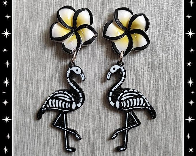 Dead Flamingo and Plumeria - Earrings - Skeleton Flamingo - Dark Gothic Psychobilly Jewelry - Halloween - Ghoul Jewelry - Glitter Paradise®