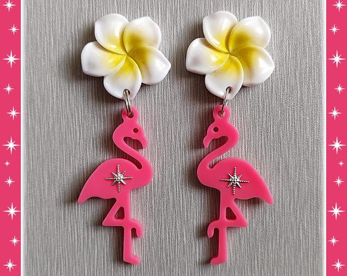 Atomic Flamingo and Plumeria - Earrings - Flamingo Jewelry - Pink Flamingo - Flamingo Earrings - Retro Flamingos - Pinup - Glitter Paradise®