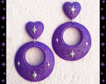 Glitter Heart Hoop Earrings: 1950s Retro Style, Handmade in France