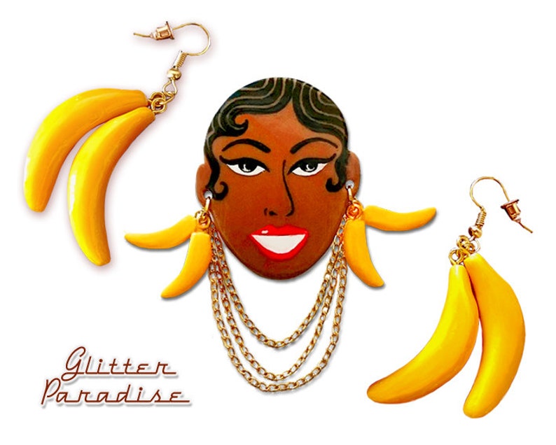 Josephine Vintage Replica Broche Jo Baker La Venus Noire Charleston Reine du Burlesque Bananes Glitter Paradise® Brooch + Earrings