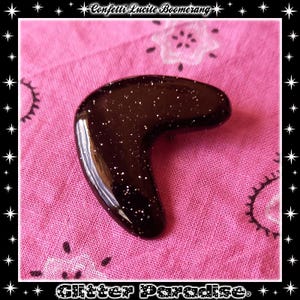 Atomic Boomerang Brooch: Mid-Century Modern Glitter Lucite Pin Black