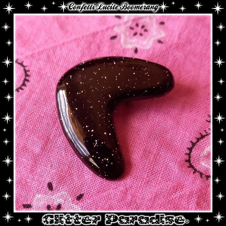 Atomic Boomerang Brooch: Mid-Century Modern Glitter Lucite Pin Black