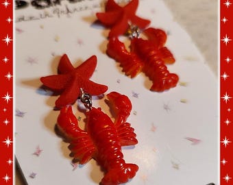 Red Star Lobster - Earrings - Lobster Earrings - Red Lobster Jewelry - Retro Mermaid Beach Jewelry - Sea Life Jewelry - Glitter Paradise®