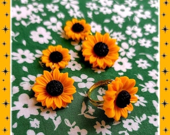 Sunflower Drops - Set - Sunflower Jewelry Set - Sunflower Earrings - Summer Set - Floral Earrings - Sunflower Ring - Glitter Paradise®