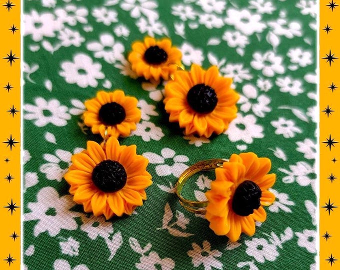 Sunflower Drops - Set - Sunflower Jewelry Set - Sunflower Earrings - Summer Set - Floral Earrings - Sunflower Ring - Glitter Paradise®