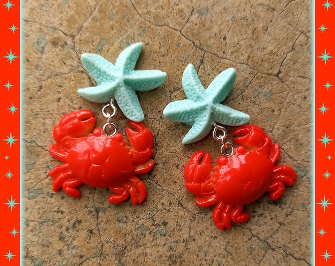 All Star Crab - Earrings - Crab - Mermaid Earrings - Beach Mermaid Jewelry - 50s Crab Jewelry - Vintage Red Crab Jewelry - Glitter Paradise®