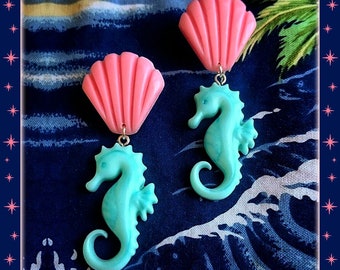 Fakelite SeaHorse & Shell - Boucles d'oreilles - Hippocampe - Mer - Océan - Bijoux de sirène - Bijoux de Plage - été- Glitter Paradise®