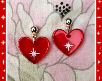 Baby Atomic Heart Earrings: Mid-Century Modern Red Heart, 20mm