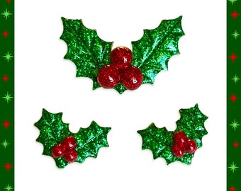 Christmas Holly - Set Broche et Boucles d'Oreilles - Retro Parure - Houx de Noel - Holly Berries - Holly Jewelries - Glitter Paradise®