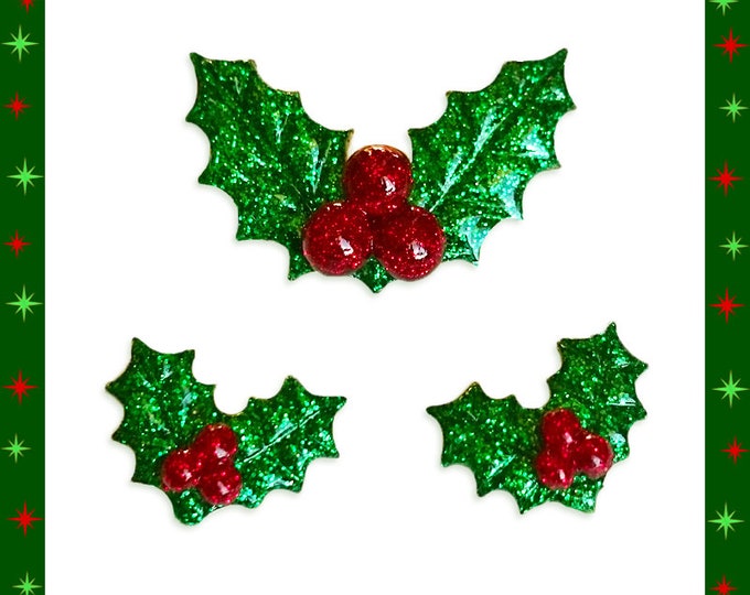 Christmas Holly - Set Brooch and Earrings - Retro Christmas Jewelry - Merry Christmas - Holly Berries - Holly Jewelries - Glitter Paradise®