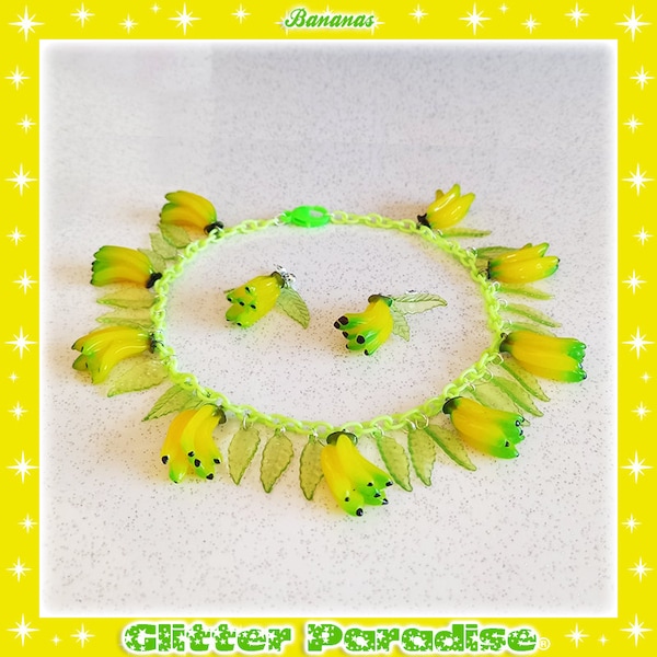 30s Celluloid Style Bananas - Jewelry Set - Bananas Earrings - Bananas Necklace - 30s Vintage Celluloid - Banana Fashion - Glitter Paradise®