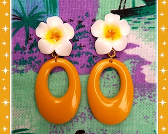 60s Plumeria Hoop Earrings: Floral Paradise Jewelry (55 mm)