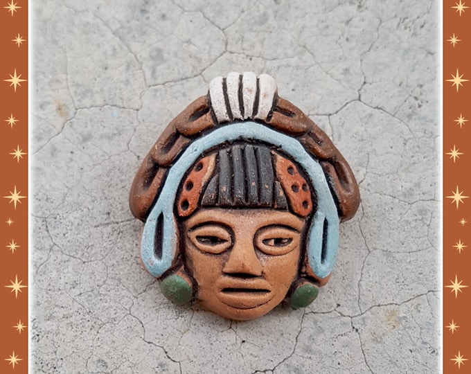 Aztec Mayan Clay Head  Repro - Brooch - Terracotta Red Clay - Primitive Aztec Sculpture - Pre Columbian Reproduction - Glitter Paradise®