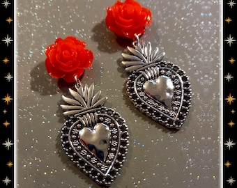 Sagrado Corazón de la Rosa - Earrings - Scred Heart and Red Rose - Holy Heart and Rose - Latina Earrings - Santa Rosa - Glitter Paradise®