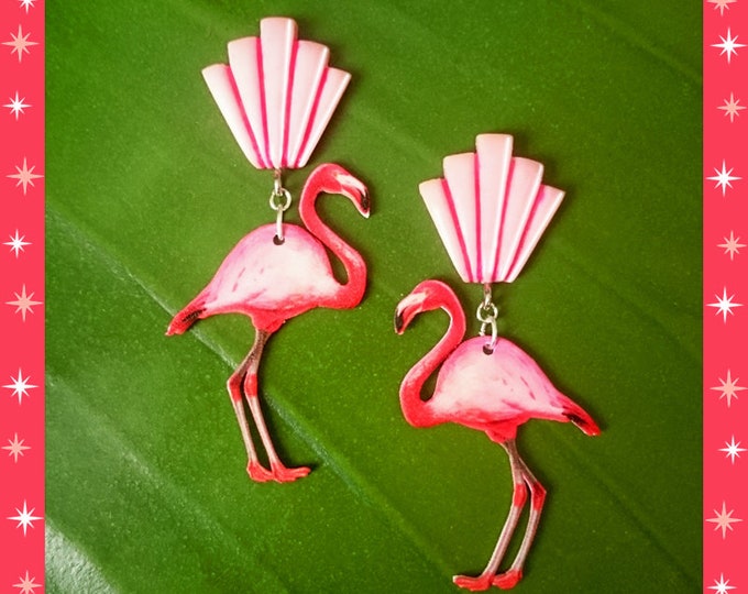 Deco Shell & Flamingo - Earrings - Flamingo Jewelry - Pink Flamingo - Art Deco - Deco Flamingo - Retro Flamingos - Pinup - Glitter Paradise®