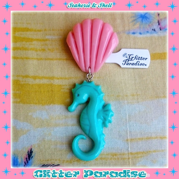 Fakelite SeaHorse & Shell - Broche - Hippocampe - Coquillage - Bijoux de sirène - Océan - Bijoux de Plage - Bijou été - Glitter Paradise®