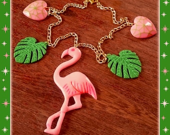 Flamingo Love - Necklace - Vintage Replica - Retro 50s - Pink Flamingo - Flamingo Necklace - Carved - Mid Century Modern - Glitter Paradise®