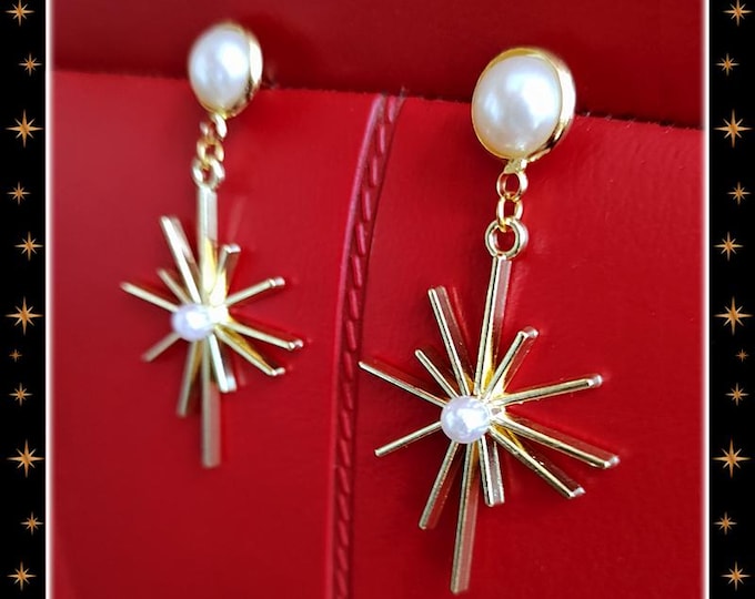 Nu Star Burst & Pearl - Earrings - Mid-Century Modern - 1950s Retro Rays - San Franciscan Jewelry - Retro Starburst - Glitter Paradise®