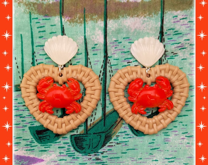 Rattan Love Crab - Earrings - Rattan Raffia Jewelry - Heart Earrings - Sea Summer Earrings - 50s Crab & Lobster Earrings - Glitter Paradise®