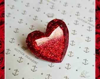 Lucite Heart Facet Red - Brooch - Red Glitter Heart Brooch - Valentines - Vintage Inspired - Confetti Lucite Love Brooch - Glitter Paradise®