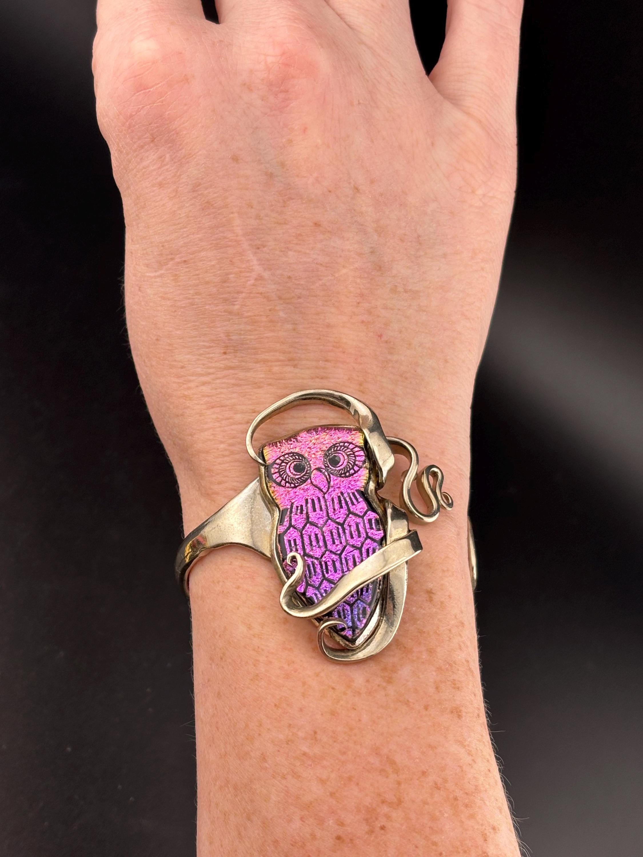 Glass owl Sterling silver upcycled vintage fork cuff bracelet, Lea Harmon signed