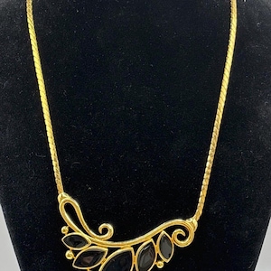 Trifari 1980's gold statement bib abstract black enamel leaf design necklace vintage
