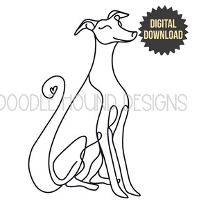 Pode incluir: Uma ilustração de arte linear em preto e branco de um galgo sentado com uma cauda enrolada que apresenta uma pequena forma de coração. A imagem inclui o texto DOODLE HOUND DESIGNS e um emblema circular preto com o texto DIGITAL DOWNLOAD.